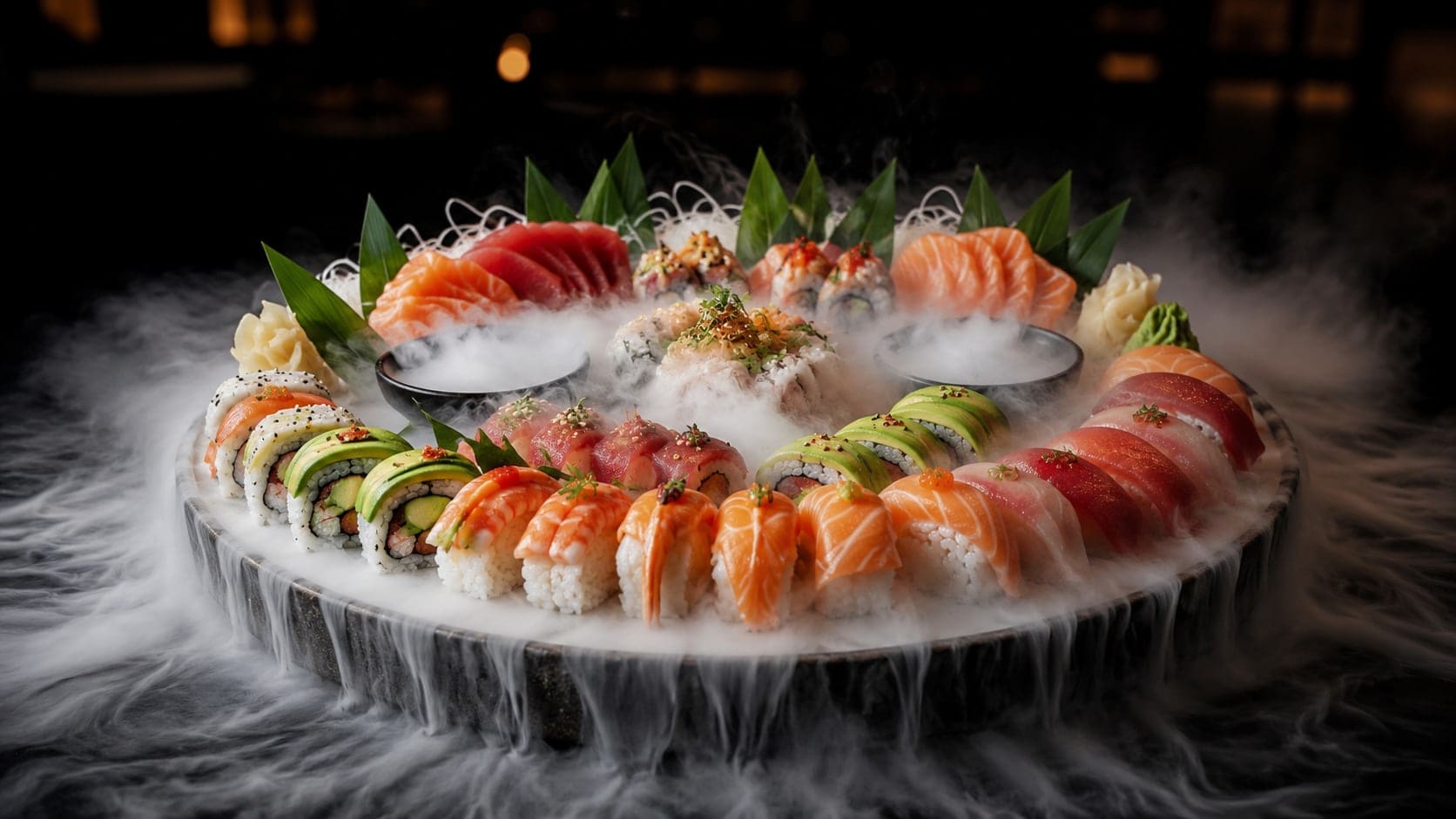 Barca de sushi apresentada com névoa de gelo seco escorrendo pela borda